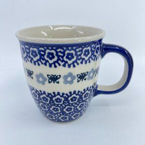vintage boleslawcu polish pottery mug "blue butterfly" pattern handcrafted